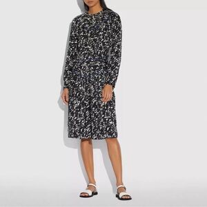 Coach Yoke Static Pattern Jacquard Long Sleeve Midi Dress Back White 0